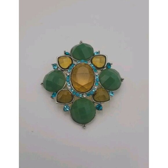 Vintage Green Yellow Blue Heart Acrylic Bold Statement Brooch Retro Large 3 Inch - Picture 1 of 9